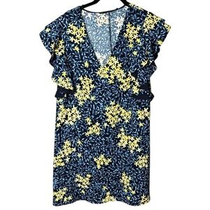 Zara Basic Collection Floral Ruffle Sleeve Mini Dress - Yellow Blue